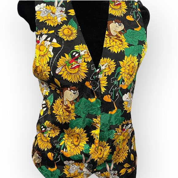 Looney Tunes 90s Vest Womens M Black Sunflower Satin VTG Tweety Taz Bugs Bunny - Picture 7 of 15